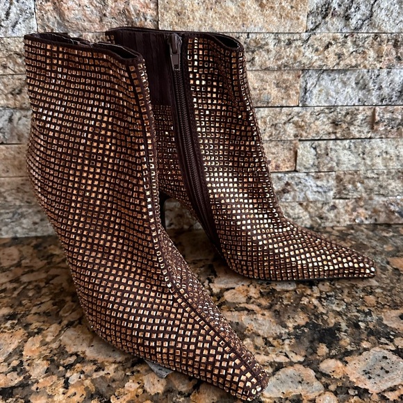 Jeffrey Campbell "Glammed" booties in bronze w/rhinestones over satin - Picture 3 of 8